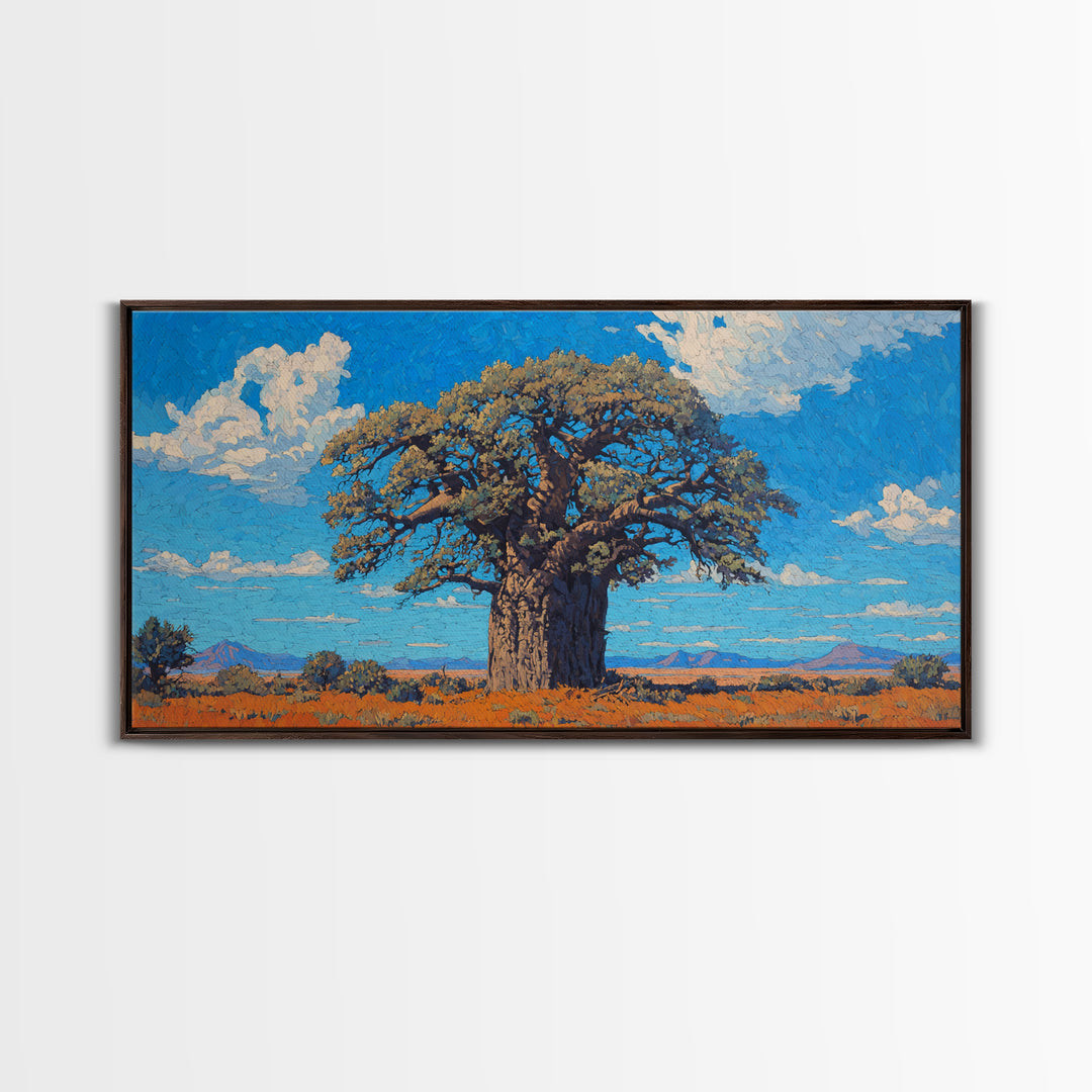 Sunlit Baobab Tree Canvas Print, African Landscape Wall Art, Blue Sky Safari Decor, Nature Scene Art, Unique Home Decor Gift