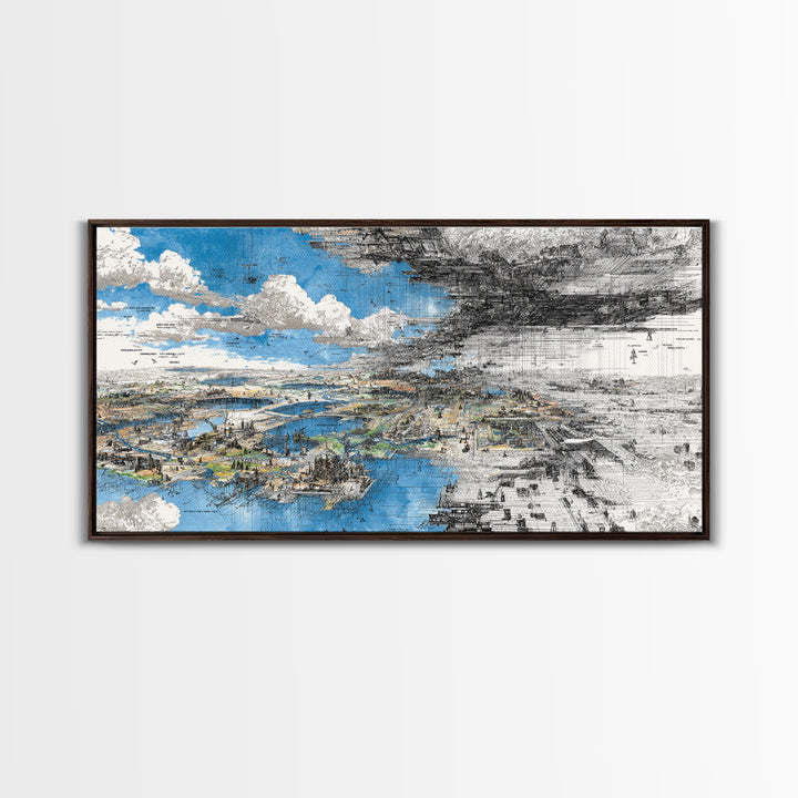Blue And Black Dreamscape Map Wall Art, Abstract African Landscape Canvas Print, Modern Office Decor, Large Statement Art