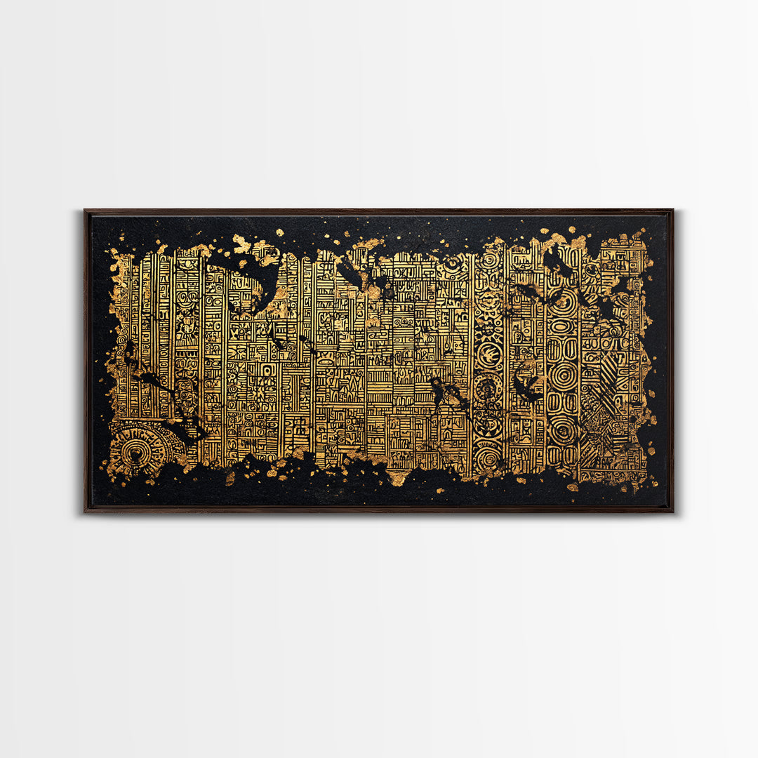 Gold Tribal Textile Pattern Canvas Print, Abstract African Art Decor, Kuba Inspired Wall Decor, Luxury Black Home Accent