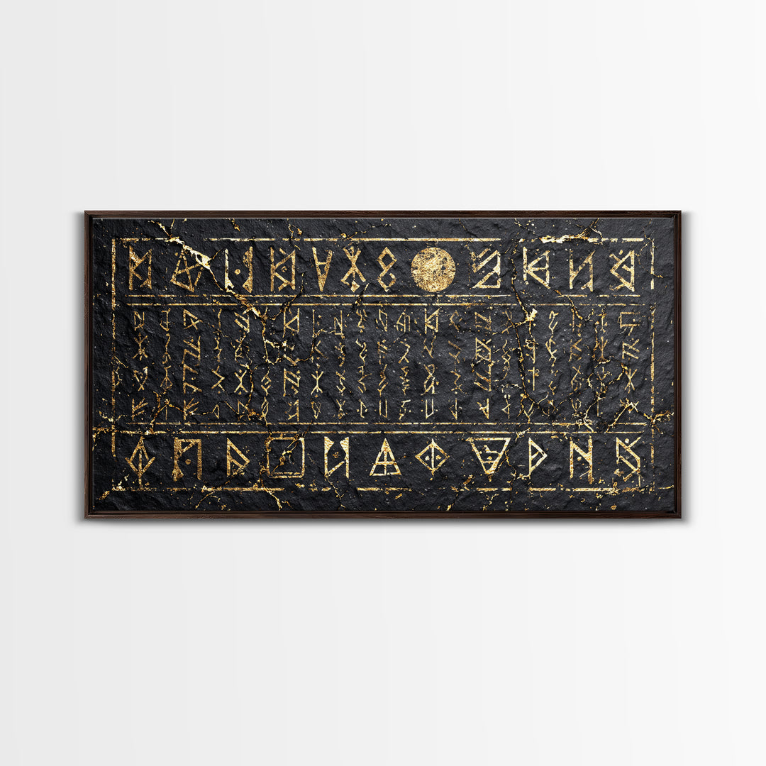 Black Gold Ancient Glyph Stone Tablet Wall Art, African Tribal Decor, Mystical Cultural Art, Framed Canvas Print For Statement Home Decor