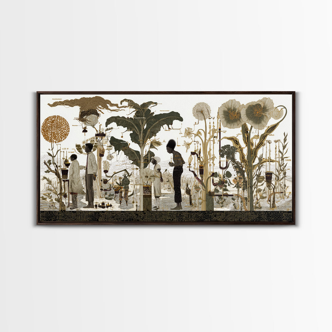 Neutral Botanical Black Figures Garden Wall Art, African American Art, Elegant Floral Canvas Print For Living Room Decor