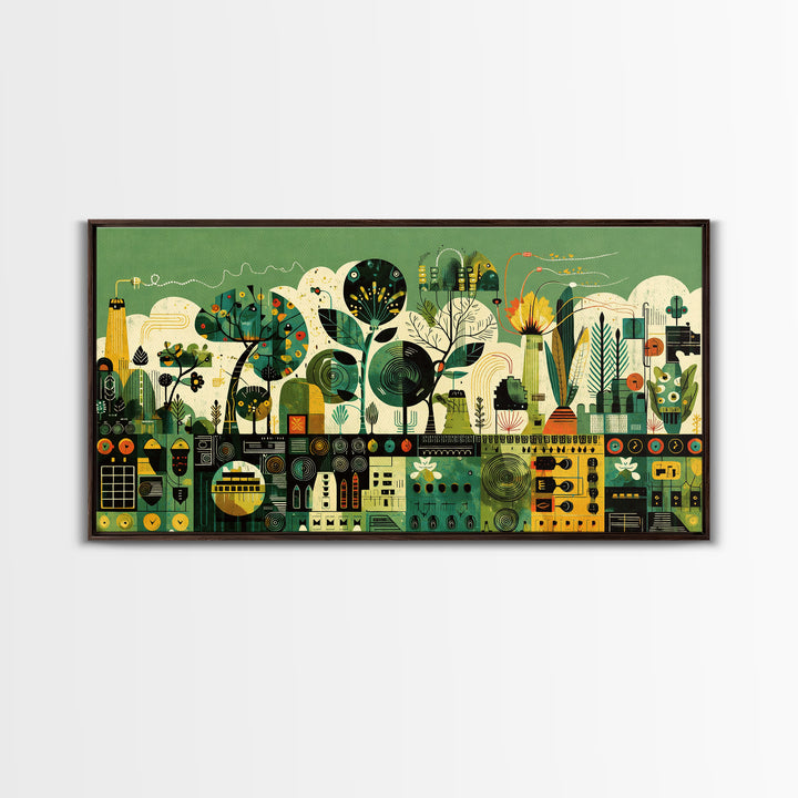 Green Abstract Botanical Cityscape Wall Art, African Patterns, Modern Afrocentric Canvas Print, Cultural Home Decor Gift