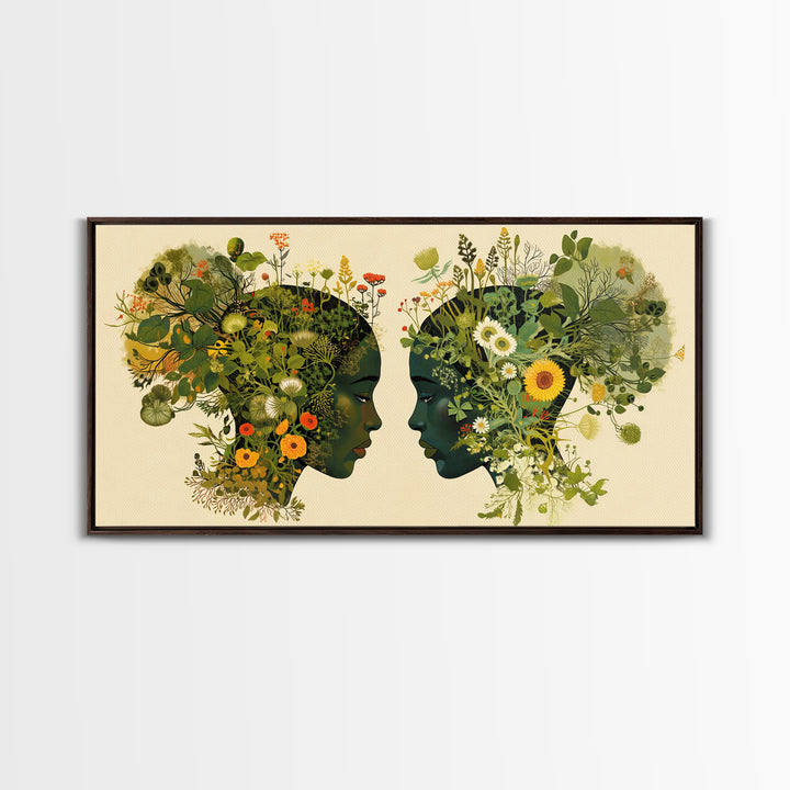 Floral Black Women Profile Portrait Wall Art, African Woman Art, Afrocentric Feminine Canvas Print, Botanical Home Decor Gift
