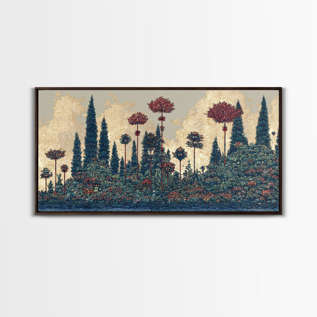 Dreamy Blue Forest Flower Landscape Canvas Print, African Inspired Wall Art, Nature Scene Art For Elegant Living Room Decor