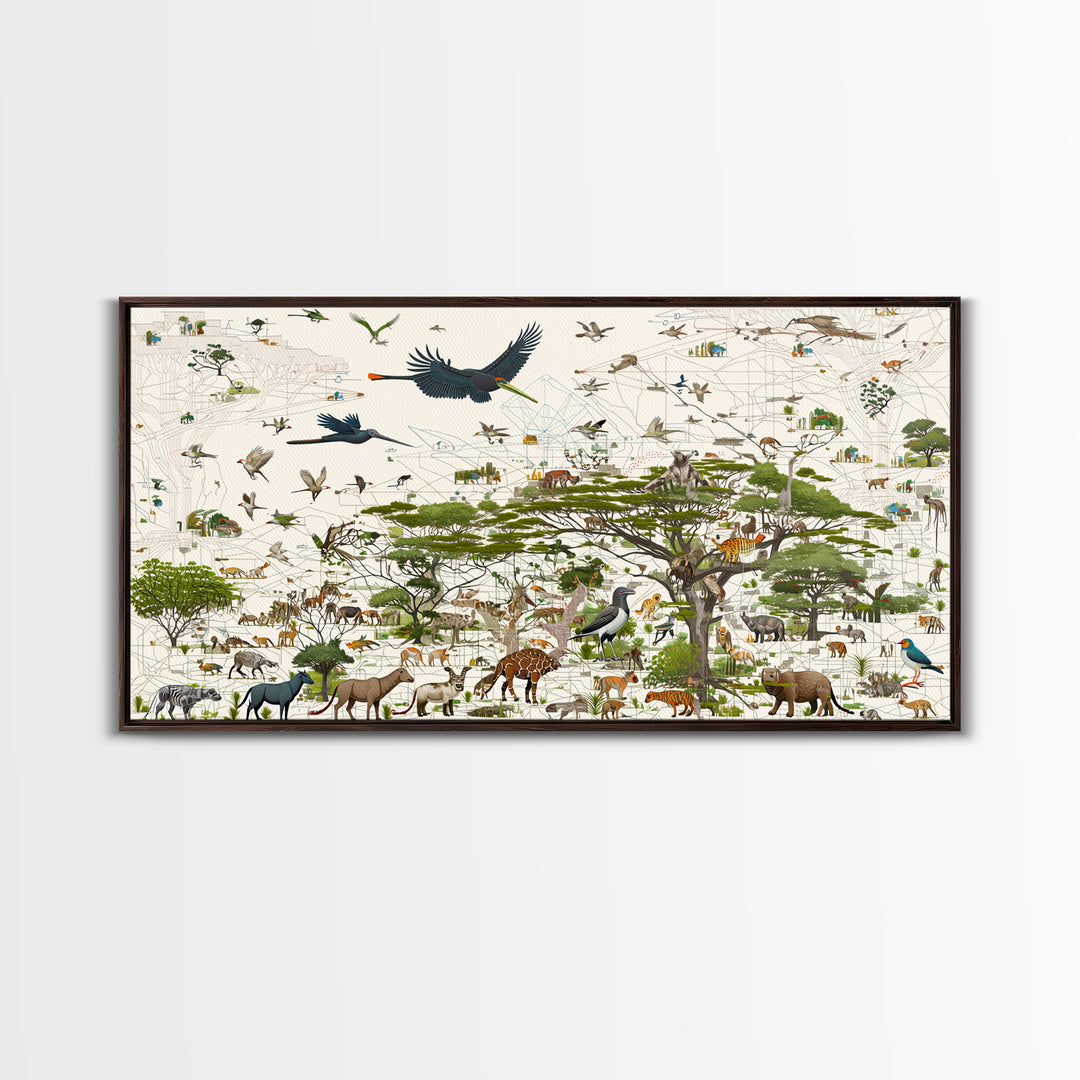 African Safari Animals Acacia Tree Wall Art, Serengeti Wildlife Canvas Print, Jungle Decor For Kids Room Or Office Decor