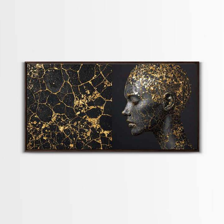 Black Gold Kintsugi African Portrait Canvas Print, Modern Black Art Decor, Luxury Wall Art, Elegant Woman Profile Artwork