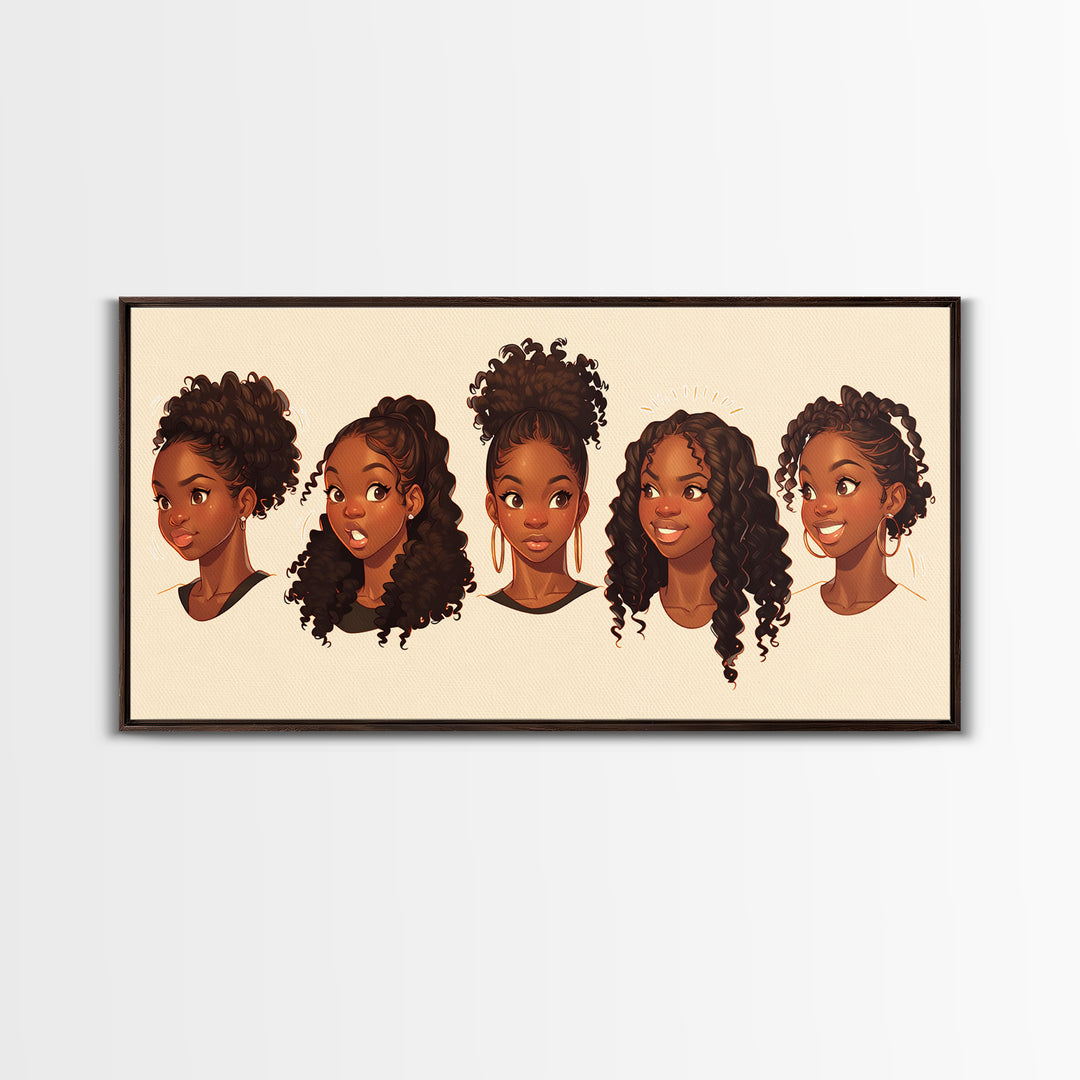 Cute Black Girl Hairstyle Portraits Wall Art, Melanin Artwork, African American Kids Decor, Black Girl Magic Canvas Print