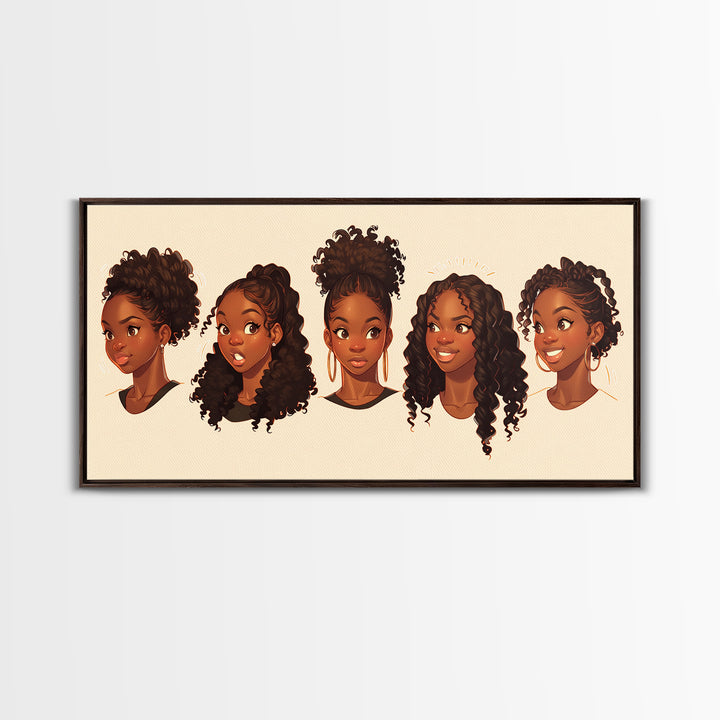 Cute Black Girl Hairstyle Portraits Wall Art, Melanin Artwork, African American Kids Decor, Black Girl Magic Canvas Print