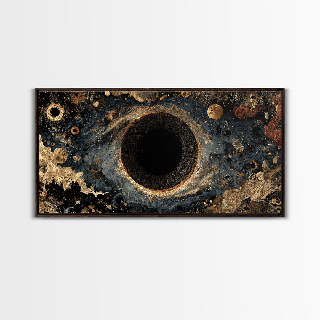 Black Gold Cosmic Eye Framed Canvas Print, Luxury Abstract Wall Decor, Mystical Space Art For Modern Living Room Home Decor