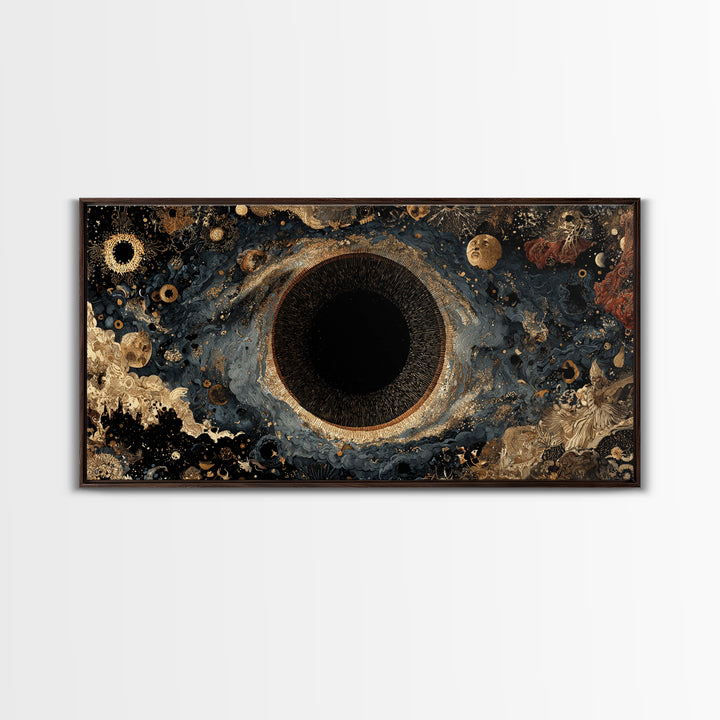 Black Gold Cosmic Eye Framed Canvas Print, Luxury Abstract Wall Decor, Mystical Space Art For Modern Living Room Home Decor