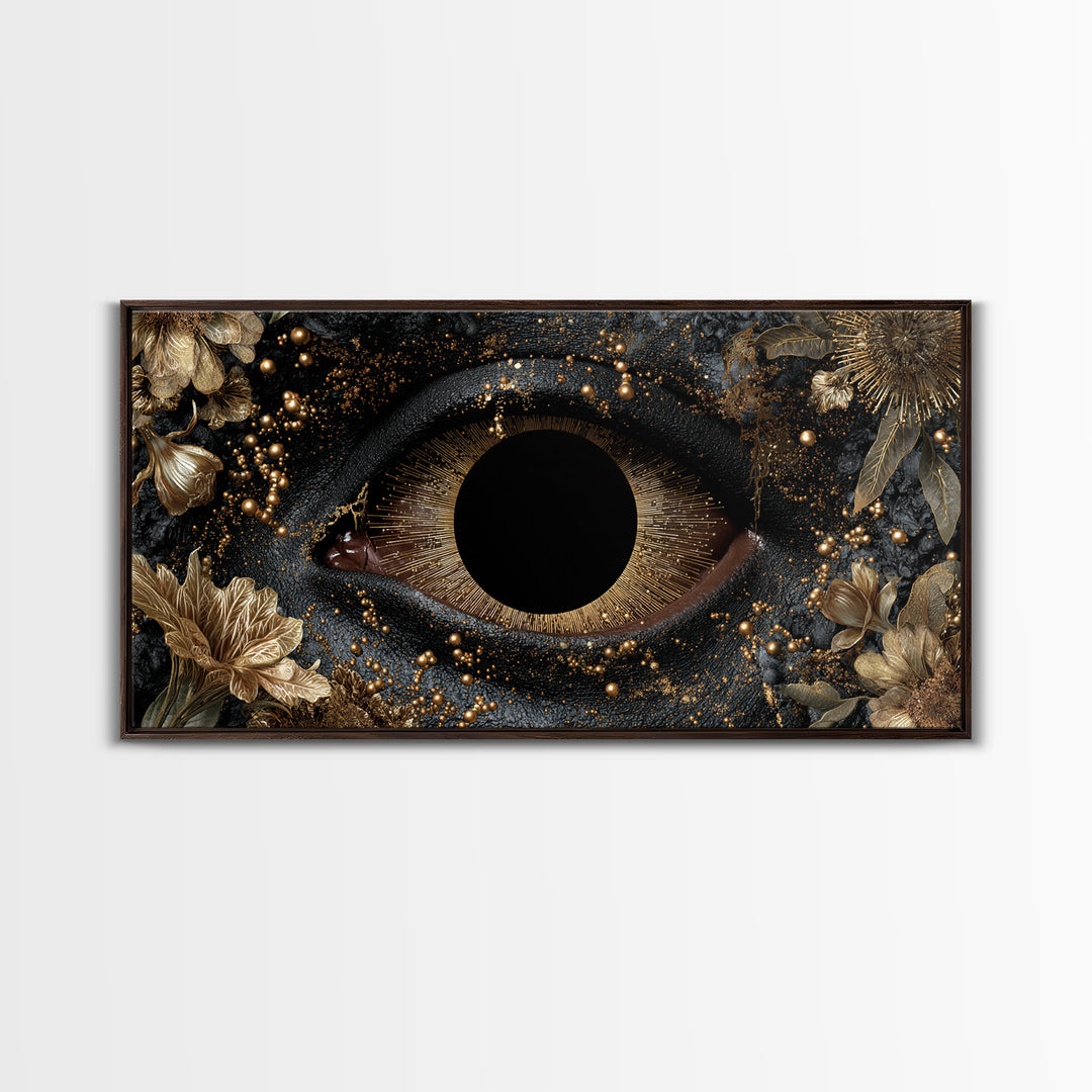 Golden Floral Mystic Eye Canvas Print, Black And Gold Abstract Wall Art, Luxury Feminine Decor For Stylish Living Room Gift