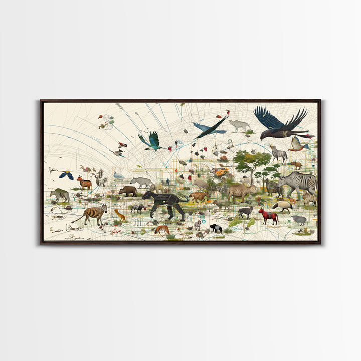 African Safari Map Canvas Print, Wildlife Collage With Elephant Giraffe Rhino, Serengeti Wall Decor, Jungle Animal Art Home Decor