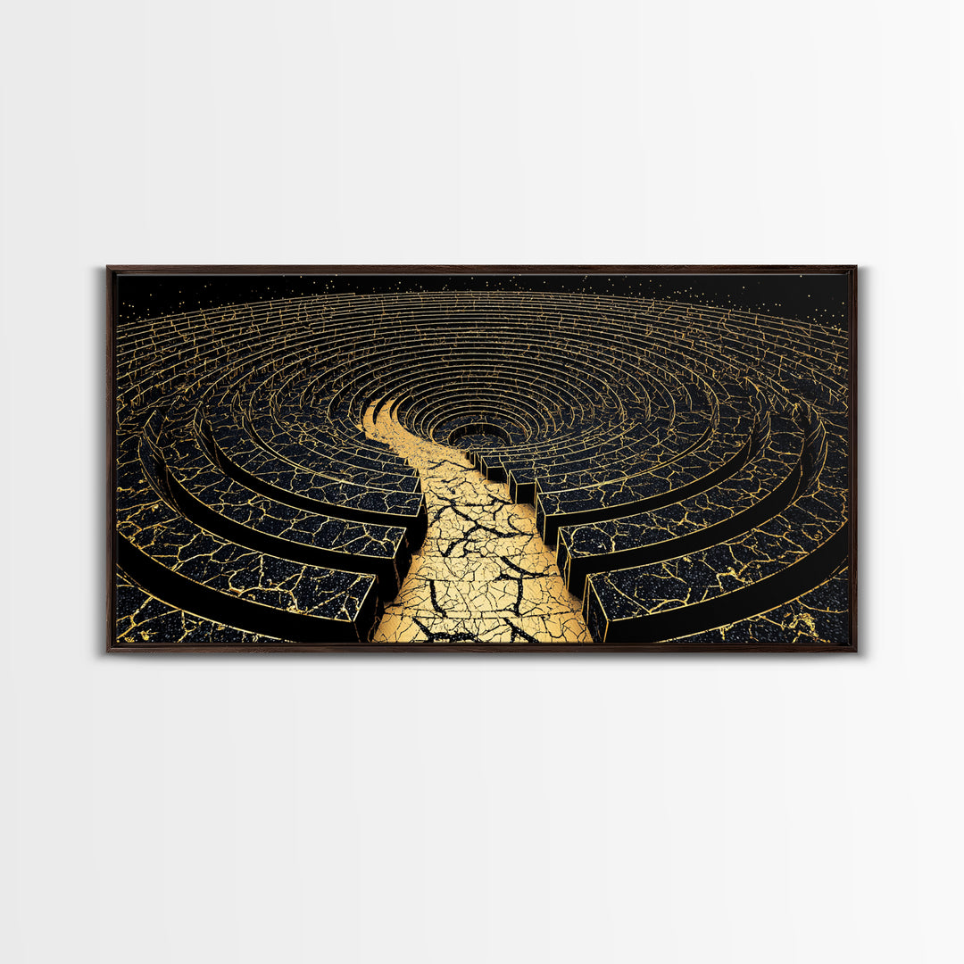 Golden Labyrinth Wall Art, Black And Gold Abstract Spiral Maze, Luxury Canvas Print, Modern Geometric Statement Decor Home Decor