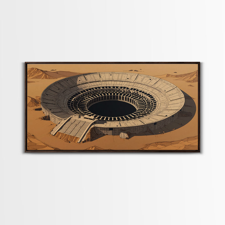 Desert Colosseum Canvas Print, Futuristic Arena Landscape, Beige Wall Art, Architectural Decor, Modern Office Art For Living Room
