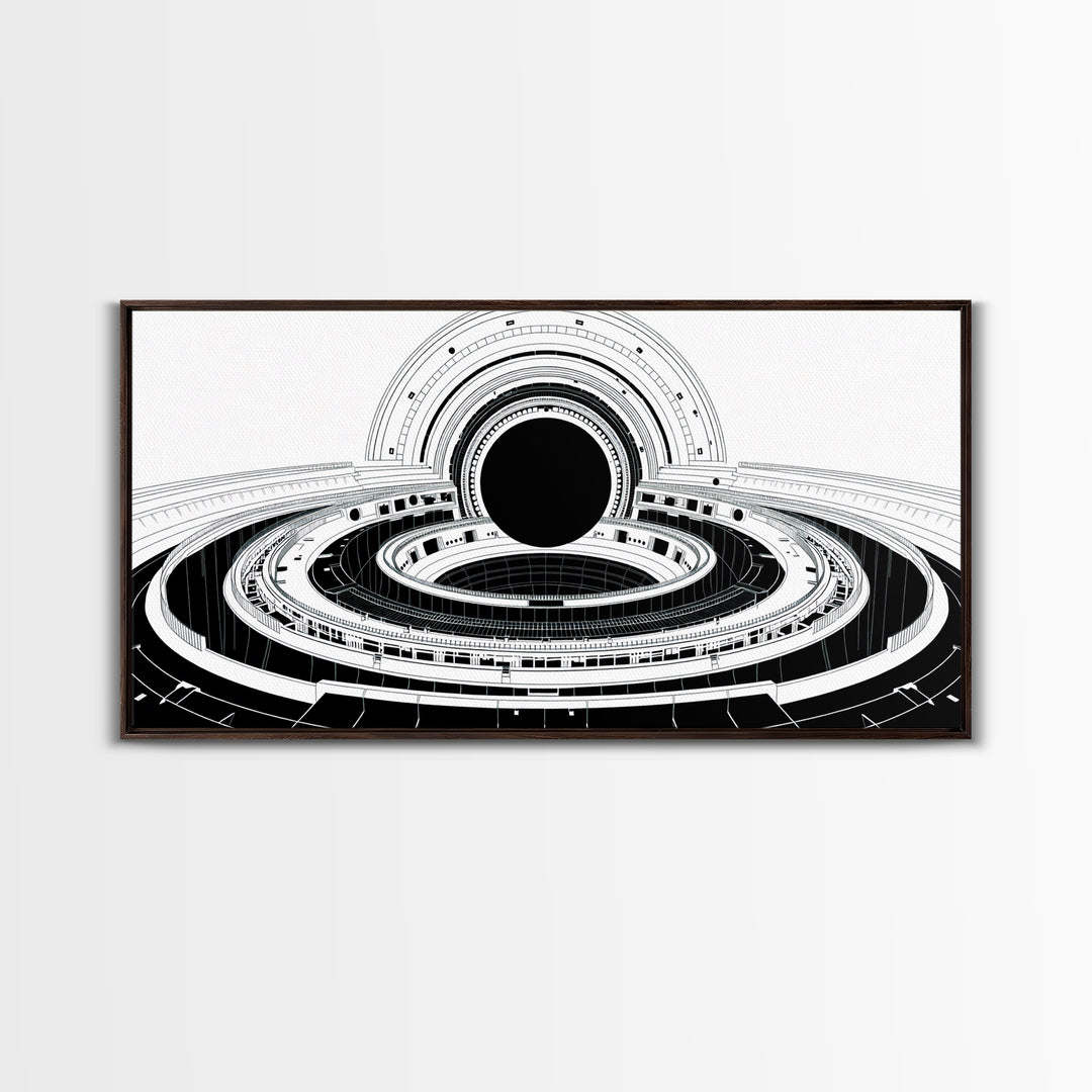 Monochrome Space Station Wall Art, Black And White Futuristic Architecture, Minimalist Canvas Print, Modern Office Decor