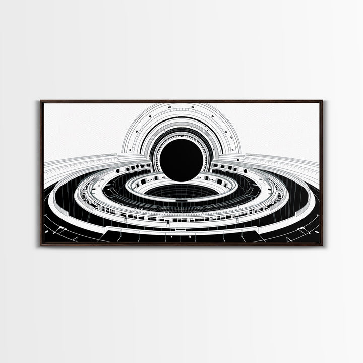 Monochrome Space Station Wall Art, Black And White Futuristic Architecture, Minimalist Canvas Print, Modern Office Decor