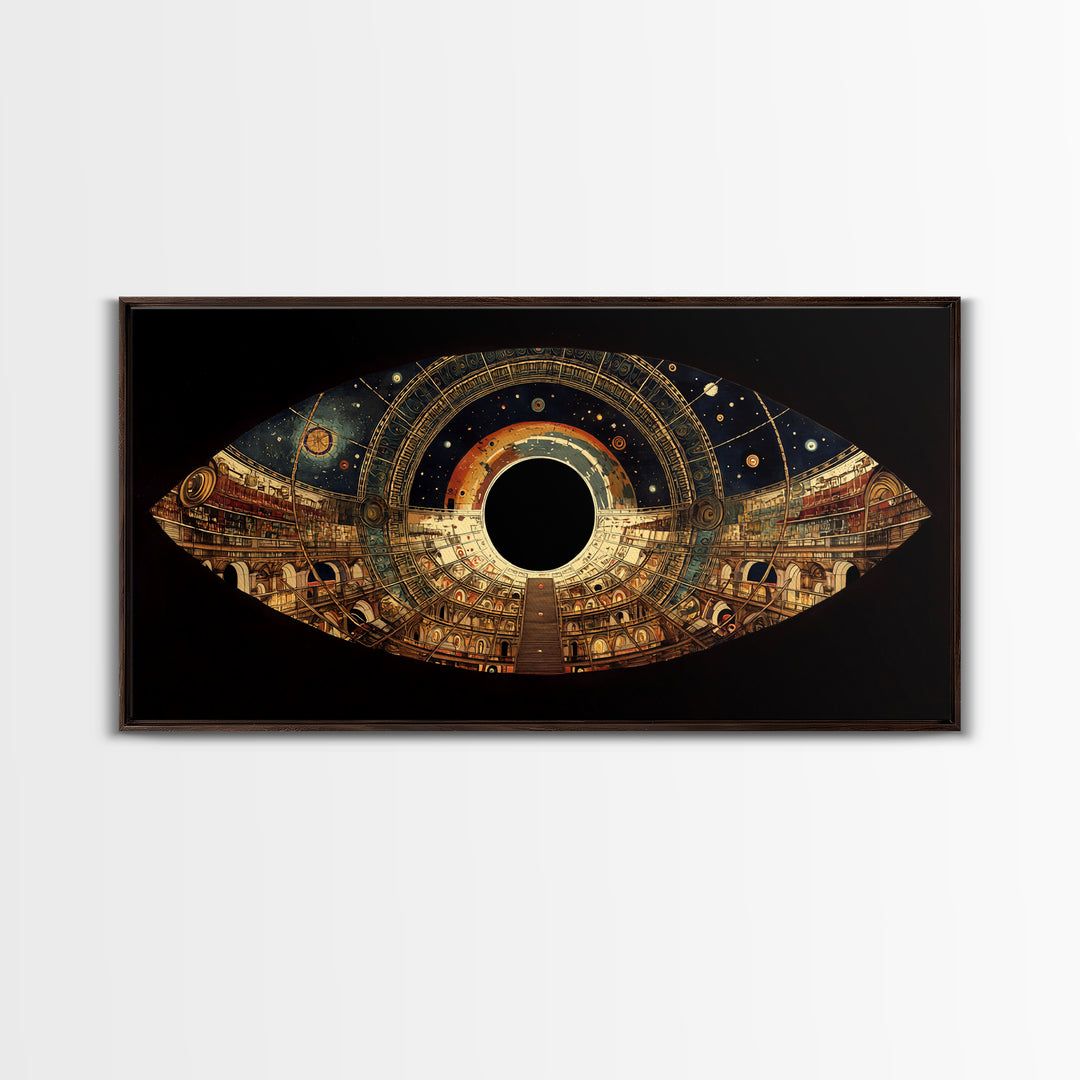 Celestial Observatory Eye Canvas Print, Ornate Cosmic Library Wall Art, Black Gold Sci Fi Decor, Mystical Statement Piece
