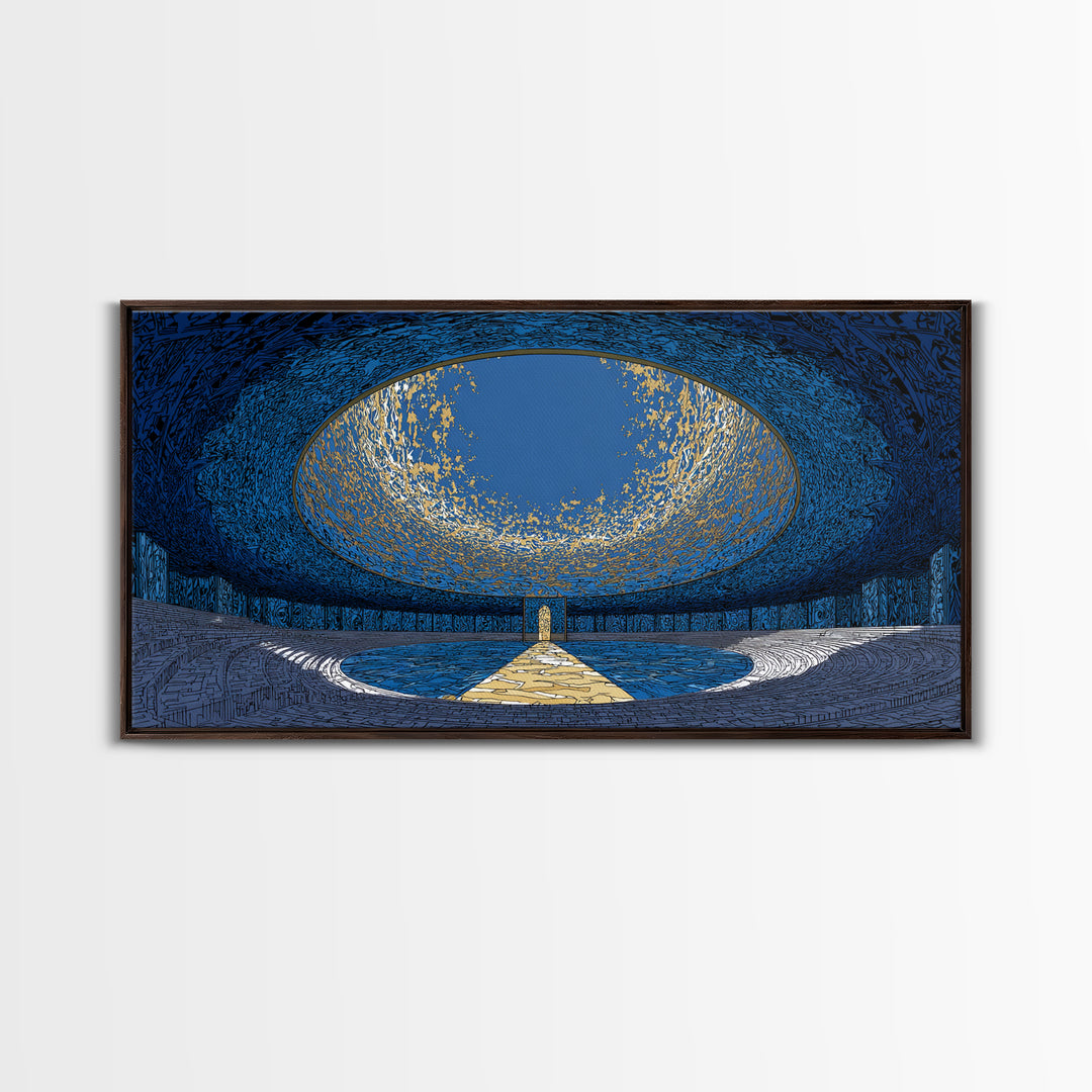 Blue Portal Chamber Wall Art, Futuristic Circular Architecture, Gold Path Canvas Print, Modern Abstract Office Decor Statement Piece