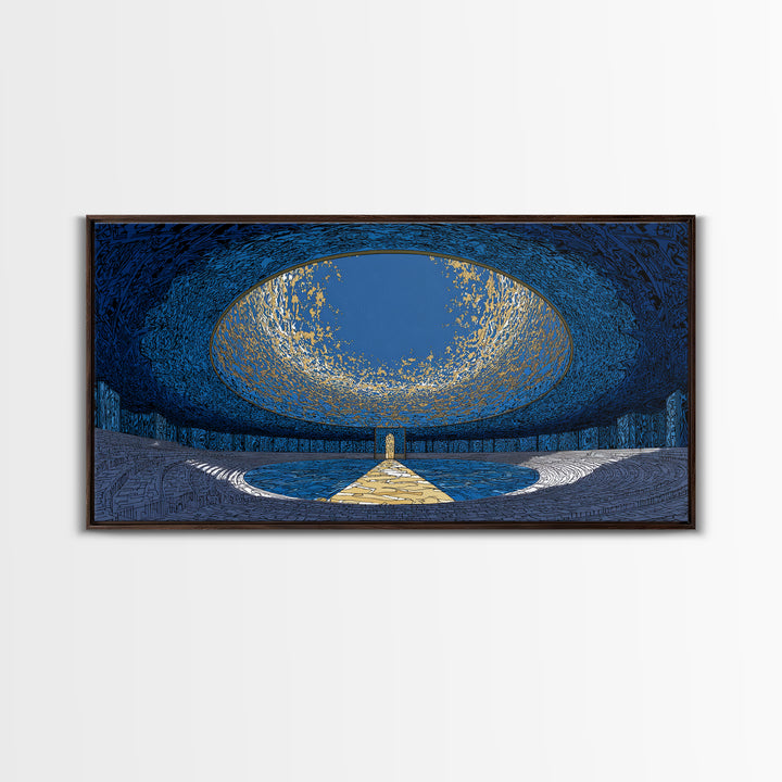 Blue Portal Chamber Wall Art, Futuristic Circular Architecture, Gold Path Canvas Print, Modern Abstract Office Decor Statement Piece