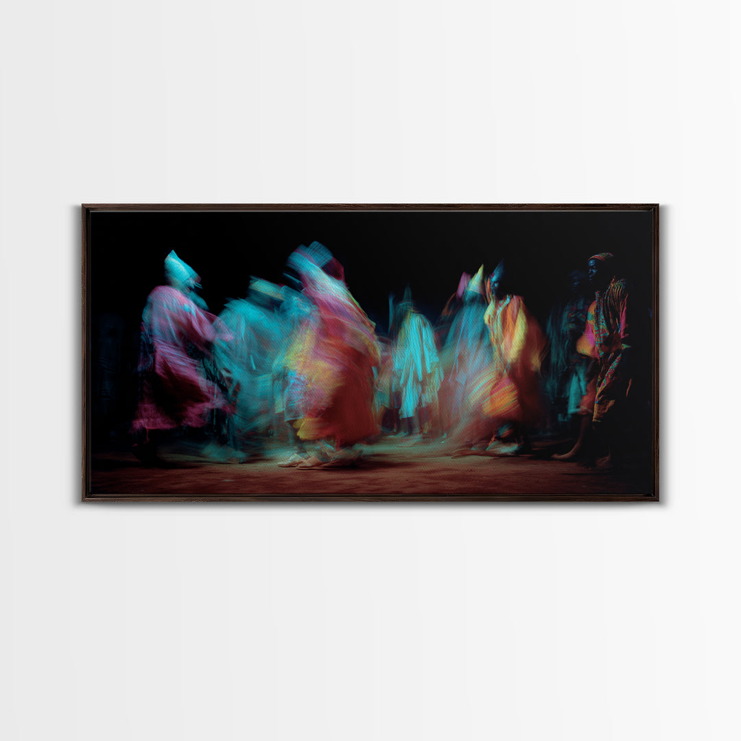 Blurred African Dancers In Jewel Robes Wall Art, Afrocentric Dance Canvas, Cultural Home Decor, Vibrant Tribal Art Print