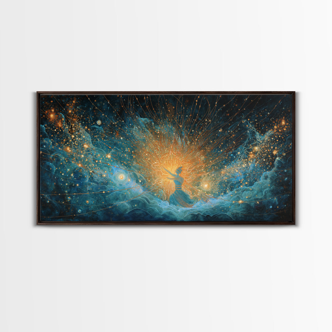Cosmic African Goddess In Blue Gold Light Wall Art, Spiritual Afrocentric Decor, Mystical Woman Canvas, Dreamy Art Print