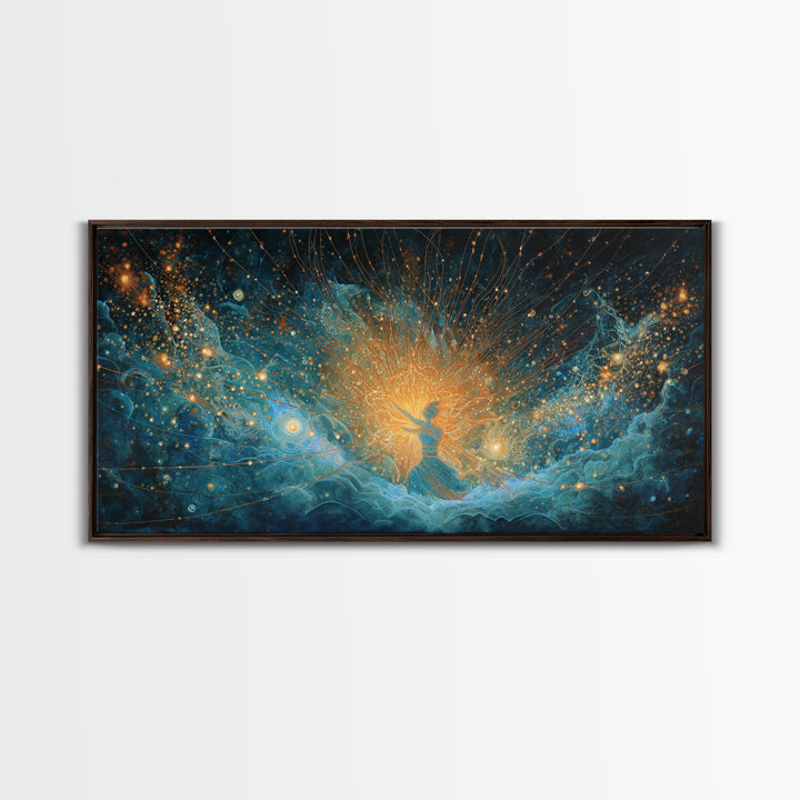 Cosmic African Goddess In Blue Gold Light Wall Art, Spiritual Afrocentric Decor, Mystical Woman Canvas, Dreamy Art Print