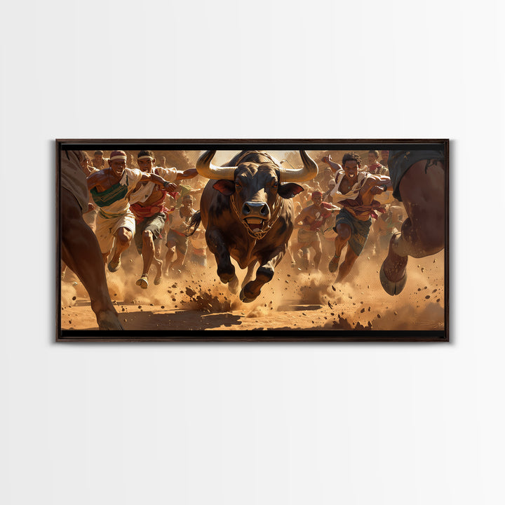 Charging Bull Race Framed Canvas Print, African Warrior Runners, Dusty Safari Action Art, Bold Cultural Living Room Decor