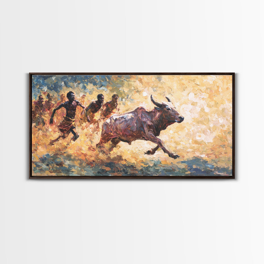 Painterly African Bull Chase Canvas Print, Sunlit Cattle Race With Runners, Rustic Safari Decor, Dynamic Cultural Wall Art