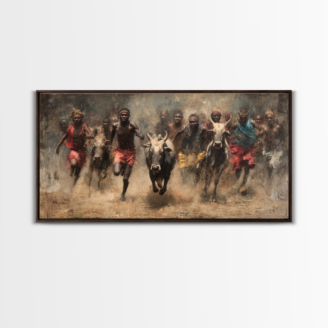 African Cattle Race Wall Art, Tribal Runners In Dusty Motion, Dramatic Safari Painting, Rustic Culture Decor For Home And Office
