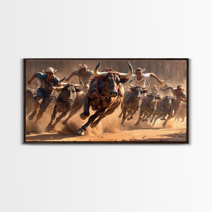 Charging African Bulls Framed Canvas Print, Runners And Dusty Arena, Bold Safari Action Wall Decor, Cultural Home Statement