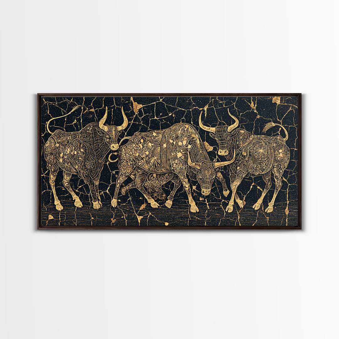 Gold Line Cattle On Black Wall Art, African Inspired Bull Illustration, Geometric Crackle Texture Decor, Luxury Canvas Print
