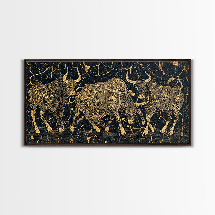 Gold Line Cattle On Black Wall Art, African Inspired Bull Illustration, Geometric Crackle Texture Decor, Luxury Canvas Print