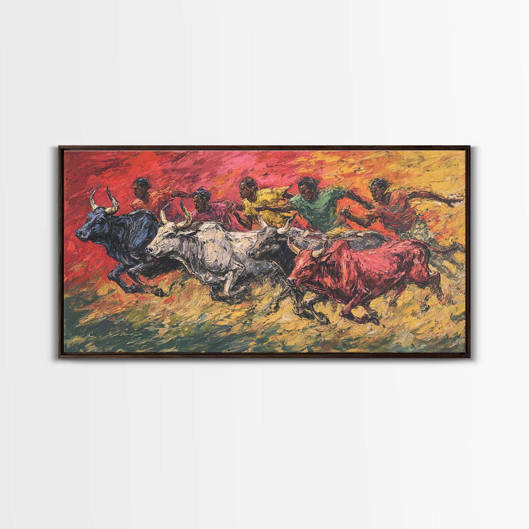Colorful African Bull Race Canvas Print, Expressive Tribal Runners, Sunset Safari Painting, Bright Vibrant Cultural Wall Decor