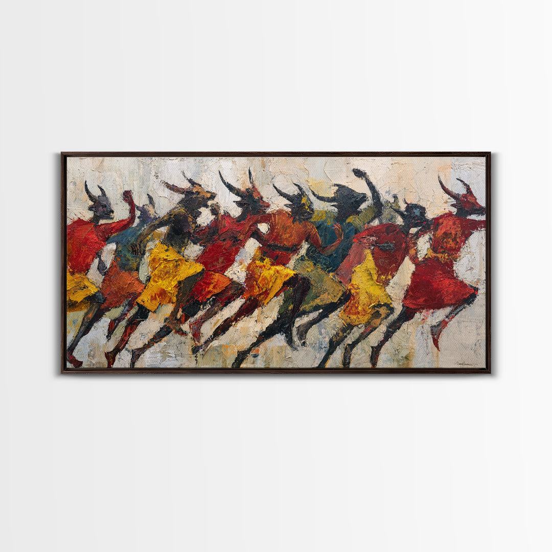 Horned Dancers In Red And Gold, African Warrior Art Canvas Print, Tribal Culture Wall Decor, Afrocentric Home Decor, Statement Piece