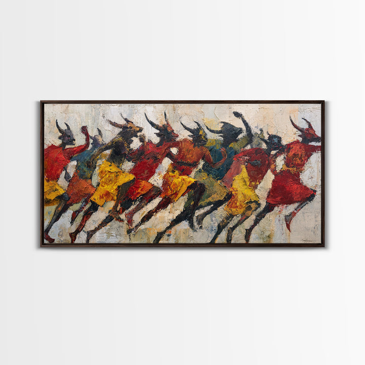 Horned Dancers In Red And Gold, African Warrior Art Canvas Print, Tribal Culture Wall Decor, Afrocentric Home Decor, Statement Piece
