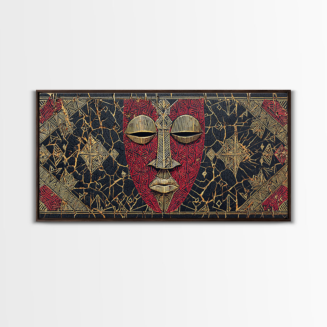 Red African Mask With Gold Geometric Pattern, Framed Canvas Print, Tribal Mask Canvas, Cultural Wall Decor Gift For Home