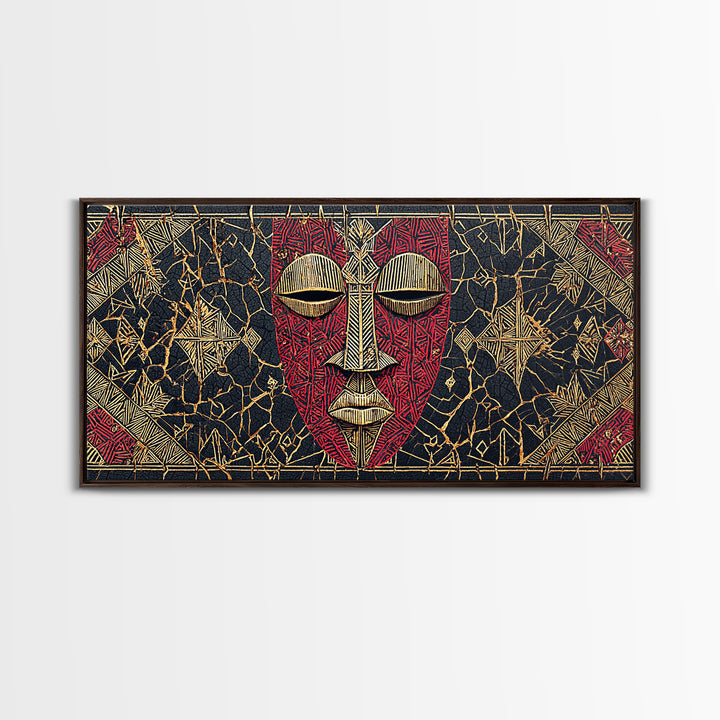 Red African Mask With Gold Geometric Pattern, Framed Canvas Print, Tribal Mask Canvas, Cultural Wall Decor Gift For Home