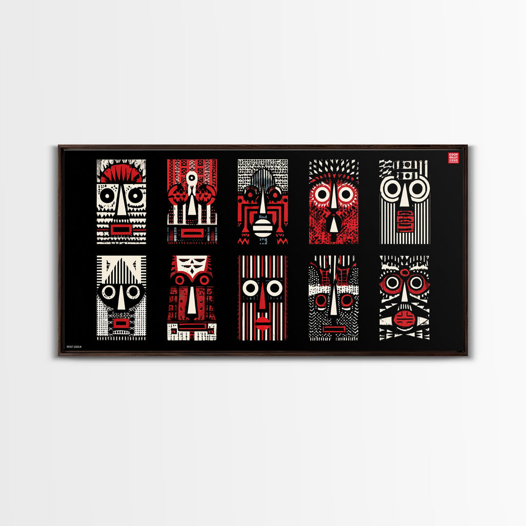 Nine Graphic Red Black And White African Masks, Wall Art, Tribal Mask Canvas, Afrocentric Decor, Bold Modern Pattern Print Set