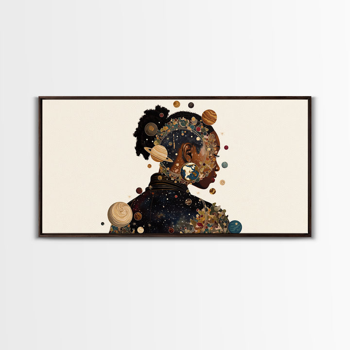 Cosmic Black Woman Profile With Planets, African American Art Framed Canvas Print, Afrocentric Wall Decor, Melanin Gift For Her