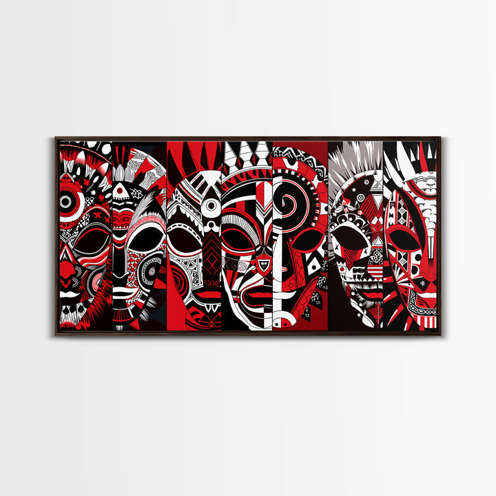 Overlapping Red Tribal Masks In Bold Pattern, African Mask Wall Art, Afrocentric Decor, Contemporary Canvas Print, Home Decor Gift