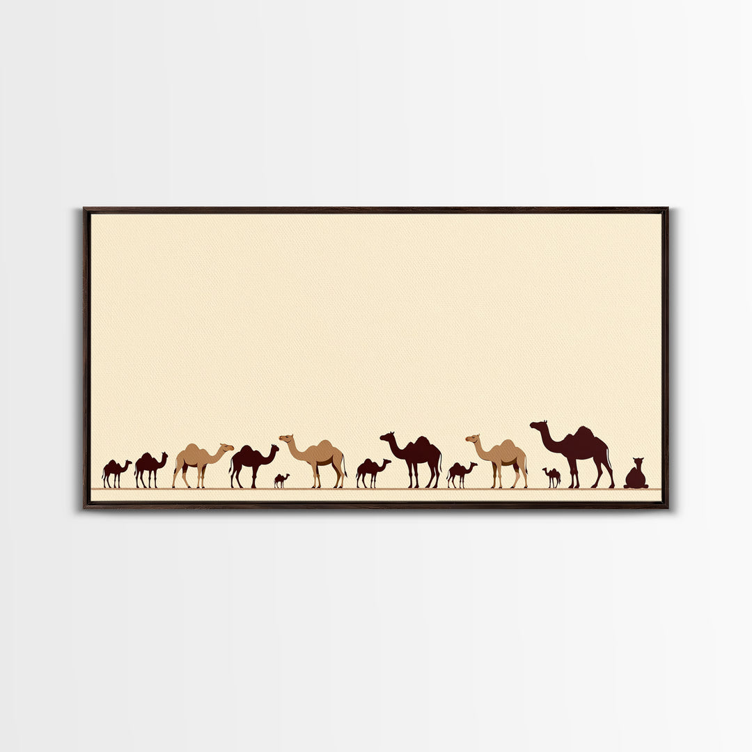 Minimalist Camel Caravan Silhouettes, African Safari Art Canvas Print, Desert Wall Art, Neutral Boho Living Room Decor Gift