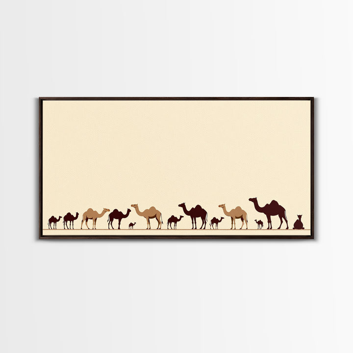 Minimalist Camel Caravan Silhouettes, African Safari Art Canvas Print, Desert Wall Art, Neutral Boho Living Room Decor Gift