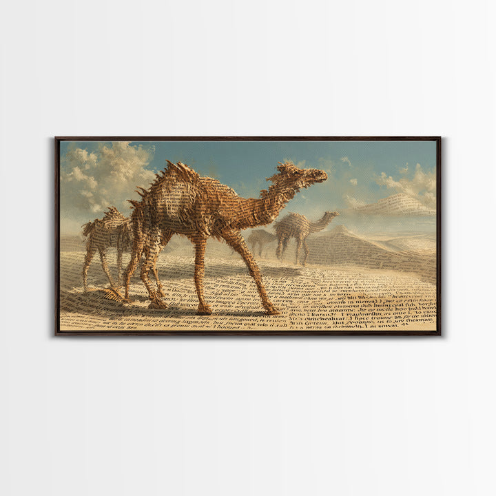 Desert Camel Caravan In Script Texture Canvas Print, African Safari Art, Earth Tone Wall Decor, Boho Living Room Art Gift