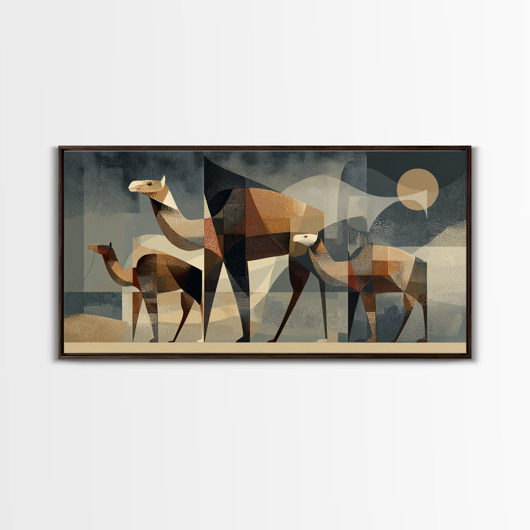 Geometric Camel Family In Desert Framed Canvas Print, Abstract African Art, Modern Safari Wall Decor, Earth Tone Home Decor