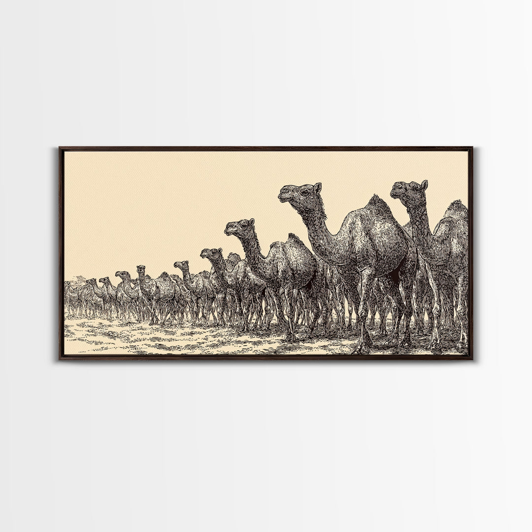 Ink Sketch Camel Herd Across Desert Wall Art, African Safari Art Print, Black And White Tribal Decor, Camel Artwork For Living Room