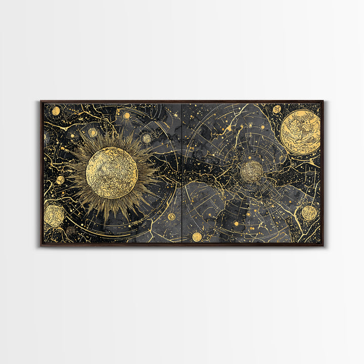 Gold Sun Moon Constellation Map Canvas Print, Celestial African Inspired Wall Art, Black And Gold Spiritual Home Decor Gift