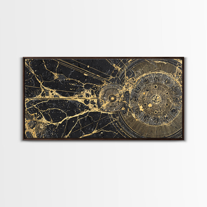 Golden Cosmic Web And Solar Orbit Framed Canvas Print, Abstract Wall Art, Black And Gold Decor, Mystical Astronomy Artwork