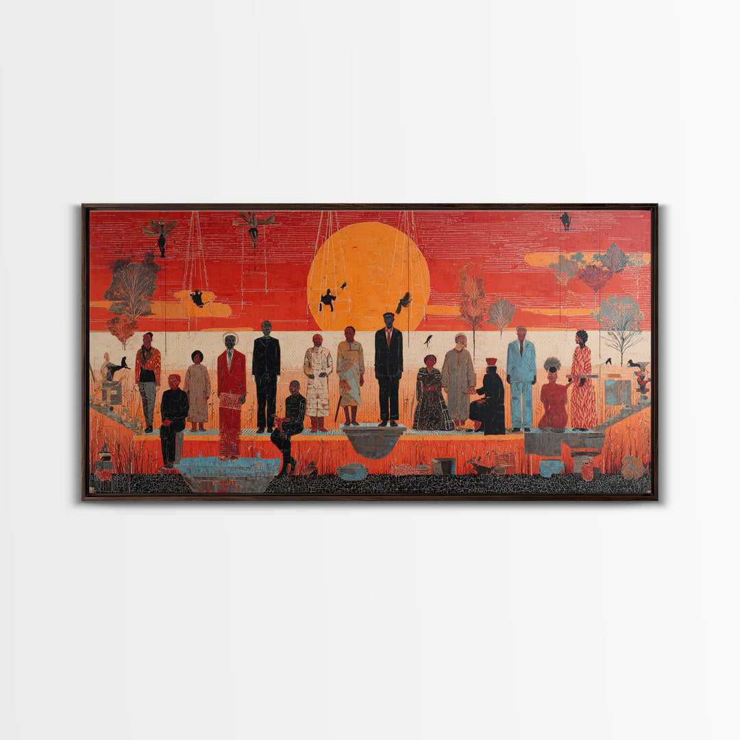 Orange Sunset Gathering With African Figures Wall Art, Black Culture Art, Contemporary Canvas, Statement Living Room Decor
