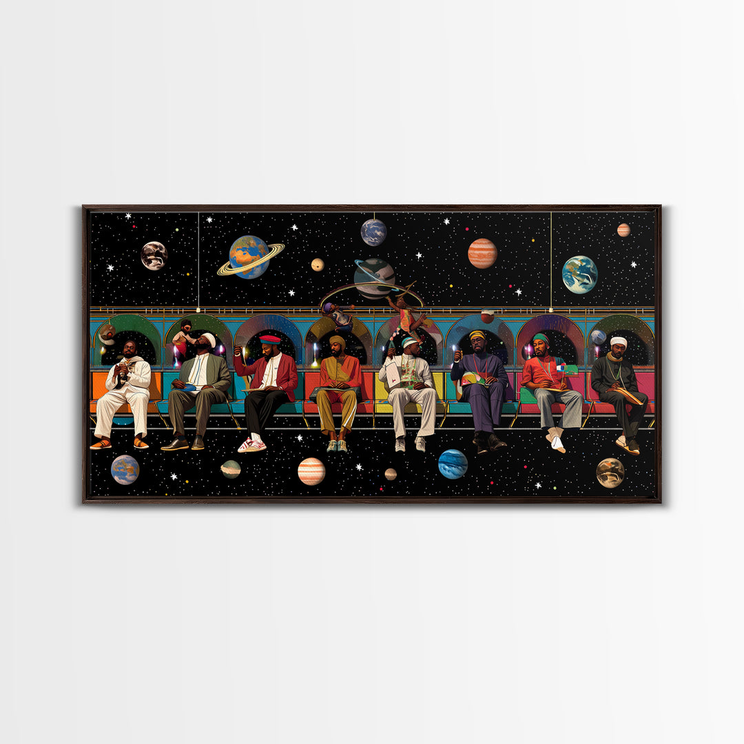 Black Travelers On Cosmic Subway Framed Canvas Print, Afrofuturism Decor, African American Art, Space Wall Decor Gift For Him