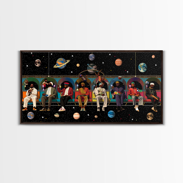 Black Travelers On Cosmic Subway Framed Canvas Print, Afrofuturism Decor, African American Art, Space Wall Decor Gift For Him